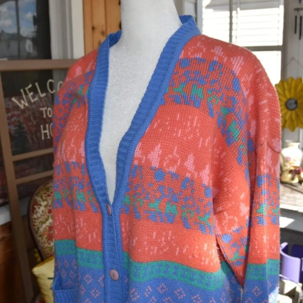 Vintage 90s Lindsay Gray Knit Cardigan Oversized Colorblock Grandpa M